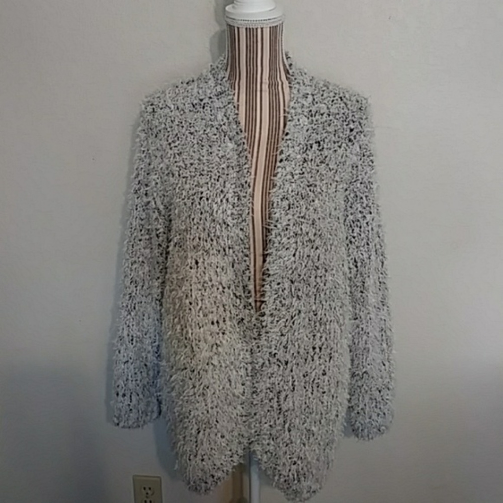 Kensie Black and White Cardigan with Fuzzy Texture